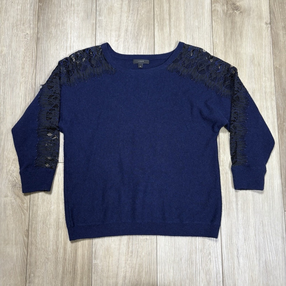 J. Crew Crewneck‎ Edged Lace Wool Blend Sweater sz XS Navy Blue Black Crewneck